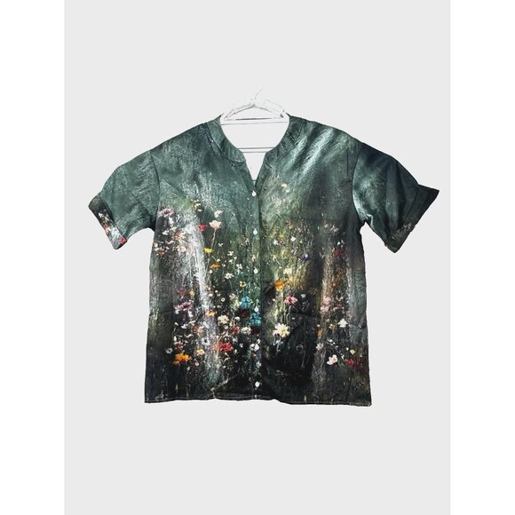Green Garden Novelty Graphic Print Jersey Button Down Shirt XL Nature Festival - Picture 1 of 6